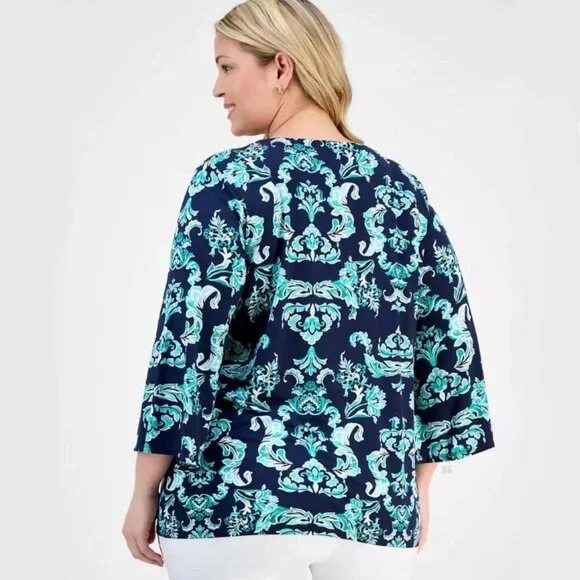 JM Collection 3/4 Sleeve Paisley Turquoise Lace-Up Tunic Top 1X – NWT - Picture 6 of 13